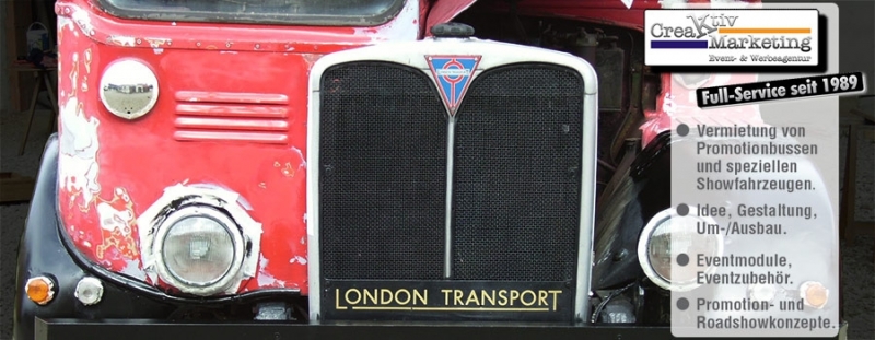 Londonbus,'englischer Doppeldeckerbus',Sundecker,Bristol,Doppelstockbus,Oldtimerbus,'Kraftomnibus für Personenbeförderung',Roadshowfahrzeug,Promotionfahrzeug,Roadshowbus,Promotionbus,'Mobile Messestan